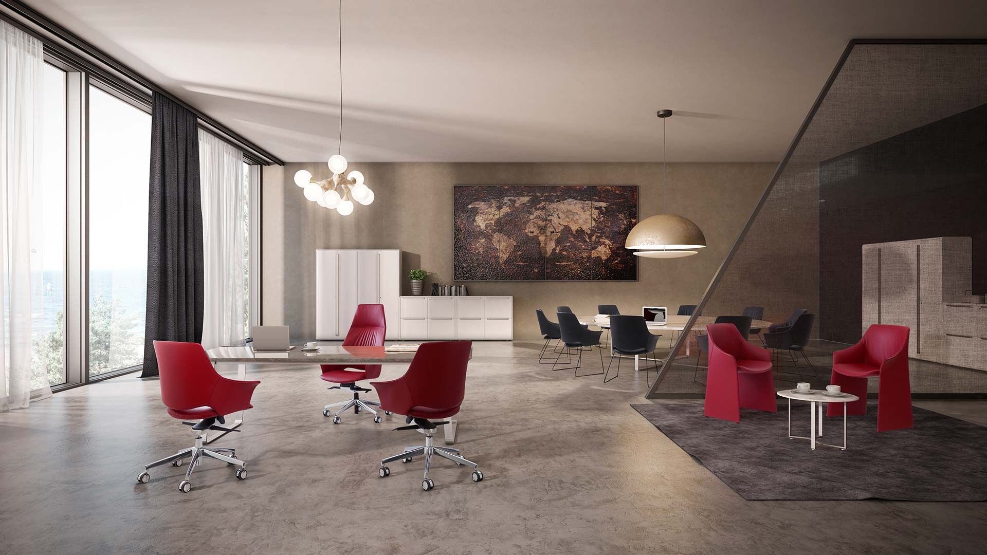 interno ufficio Windsor rosse collezione artigianale di design per ufficio environment ambiente Moschella Sedute in Abruzzo